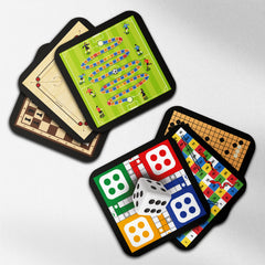 Todfod Game Theme MDF Wooden Tea Coffee Coasters Set of 6 | 4x4 Inch Reusable Table Drink Coasters with Board Game Prints | Heat Resistant Cup Mats for Home Office Desk Decor & Gifts