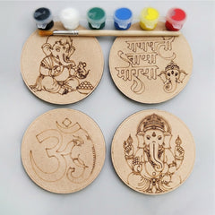 TodFod Ganesha DIY Coaster Set of 4 | 4 Inch Engraved Wooden Paint-Your-Own Lord Ganpati & Om Art Coasters