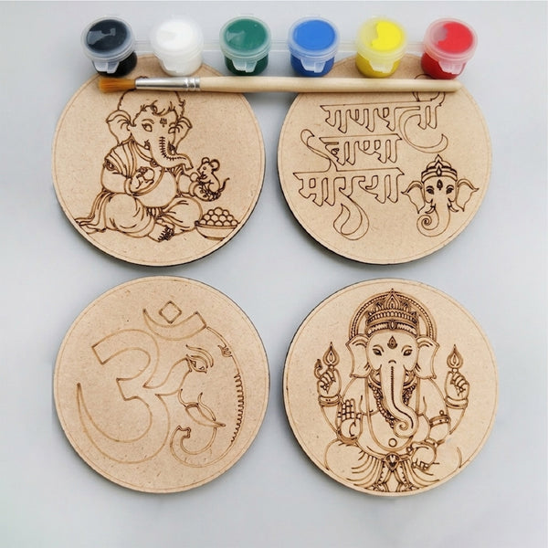 TodFod Ganesha DIY Coaster Set of 4 | 4 Inch Engraved Wooden Paint-Your-Own Lord Ganpati & Om Art Coasters