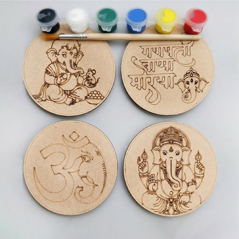 TodFod Ganesha DIY Coaster Set of 4 | 4 Inch Engraved Wooden Paint-Your-Own Lord Ganpati & Om Art Coasters