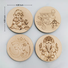 TodFod Ganesha DIY Coaster Set of 4 | 4 Inch Engraved Wooden Paint-Your-Own Lord Ganpati & Om Art Coasters