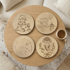 TodFod Ganesha DIY Coaster Set of 4 | 4 Inch Engraved Wooden Paint-Your-Own Lord Ganpati & Om Art Coasters