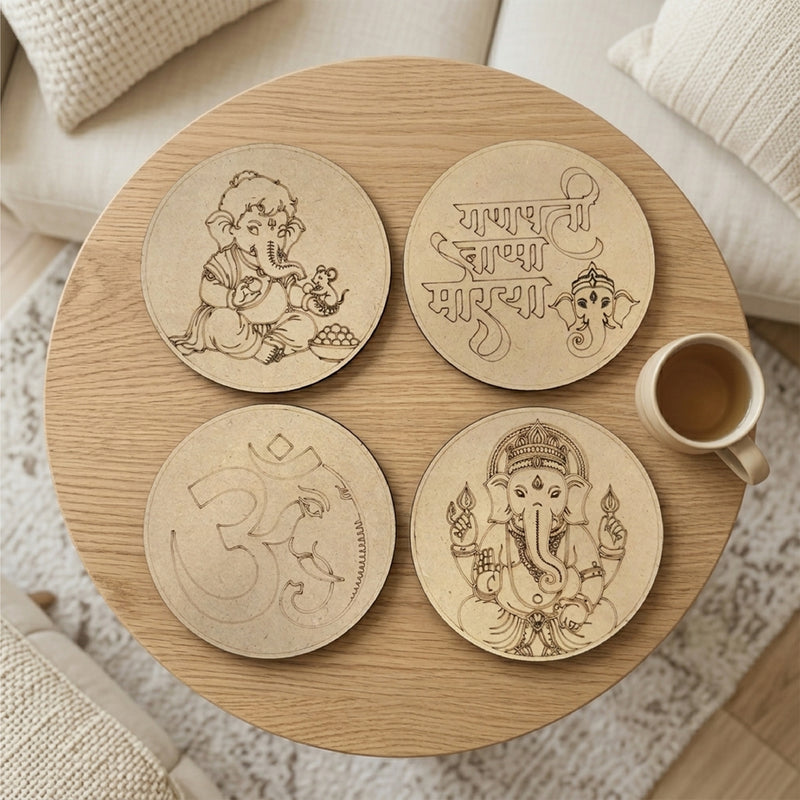 TodFod Ganesha DIY Coaster Set of 4 | 4 Inch Engraved Wooden Paint-Your-Own Lord Ganpati & Om Art Coasters
