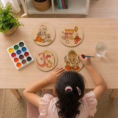 TodFod Ganesha DIY Coaster Set of 4 | 4 Inch Engraved Wooden Paint-Your-Own Lord Ganpati & Om Art Coasters