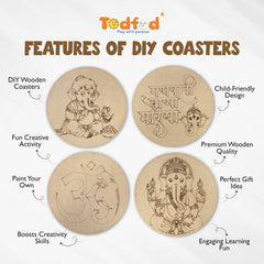 TodFod Ganesha DIY Coaster Set of 4 | 4 Inch Engraved Wooden Paint-Your-Own Lord Ganpati & Om Art Coasters