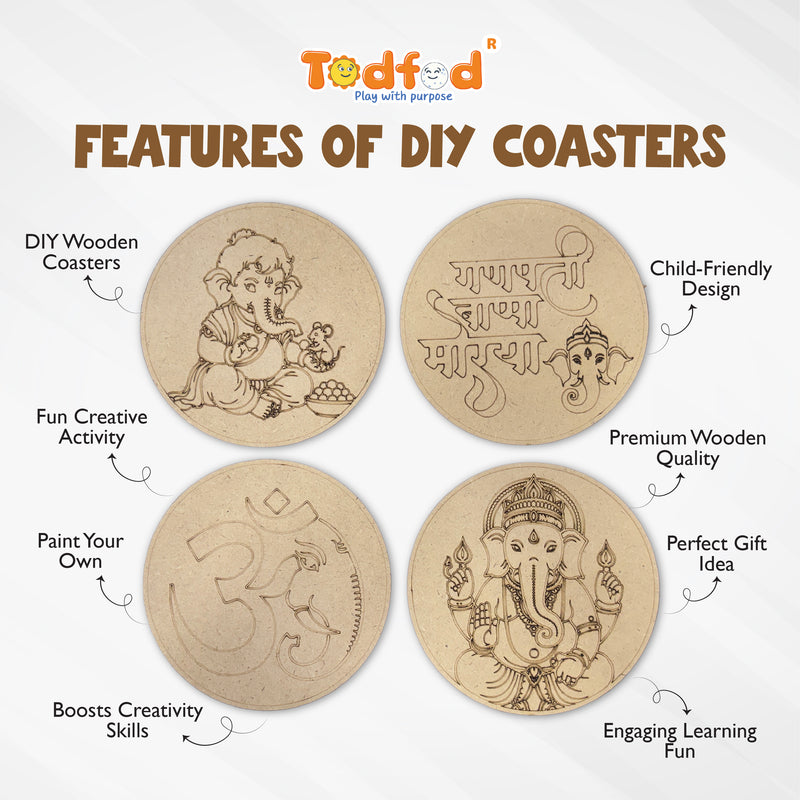 TodFod Ganesha DIY Coaster Set of 4 | 4 Inch Engraved Wooden Paint-Your-Own Lord Ganpati & Om Art Coasters
