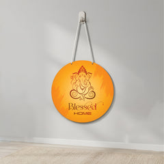 Smaran Lord Ganesha Round Wooden Wall Hanging Decor | Blessed HOME Orange Spiritual Plaque | 9x17 Inch Traditional Indian Sign for Home Temple Puja Room Entrance & Gift