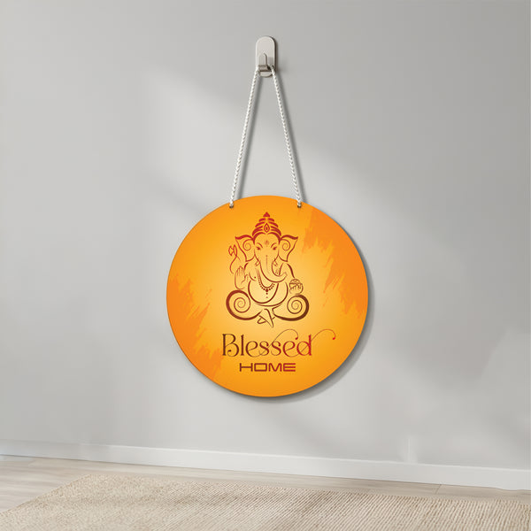 Smaran Lord Ganesha Round Wooden Wall Hanging Decor | Blessed HOME Orange Spiritual Plaque | 9x17 Inch Traditional Indian Sign for Home Temple Puja Room Entrance & Gift