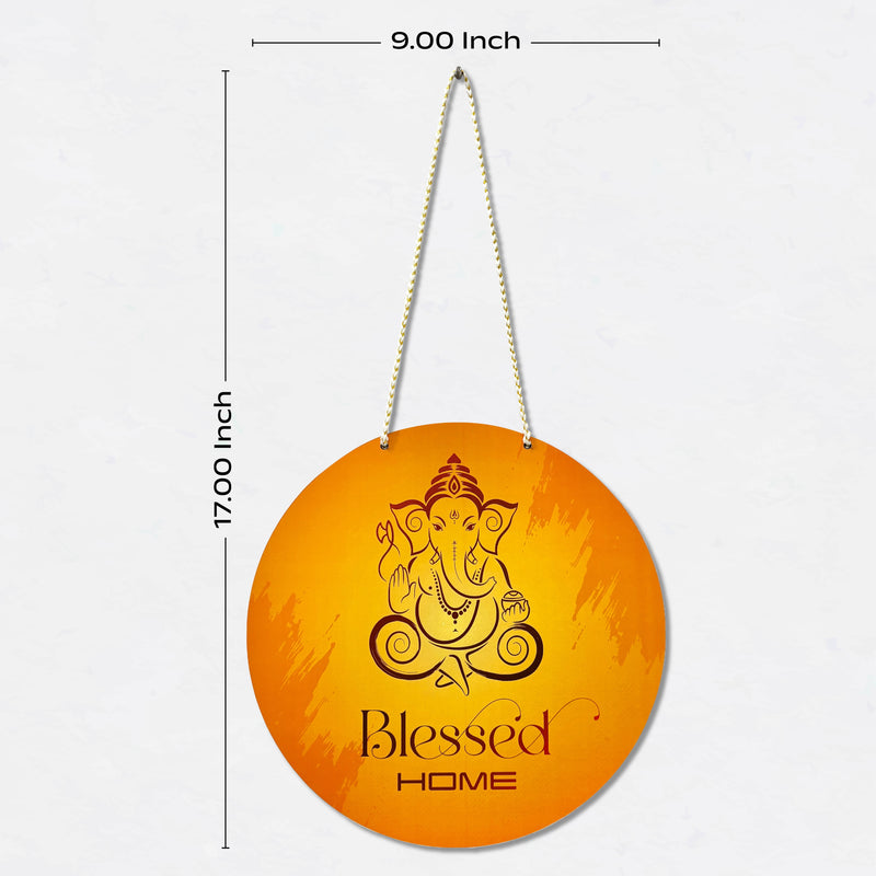 Smaran Lord Ganesha Round Wooden Wall Hanging Decor | Blessed HOME Orange Spiritual Plaque | 9x17 Inch Traditional Indian Sign for Home Temple Puja Room Entrance & Gift