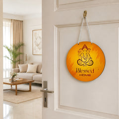 Smaran Lord Ganesha Round Wooden Wall Hanging Decor | Blessed HOME Orange Spiritual Plaque | 9x17 Inch Traditional Indian Sign for Home Temple Puja Room Entrance & Gift
