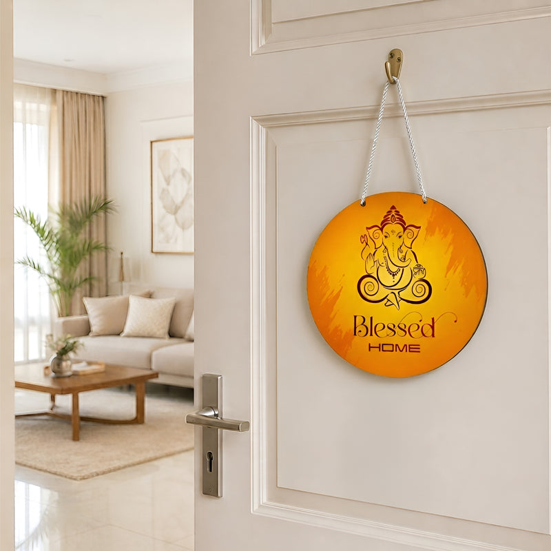 Smaran Lord Ganesha Round Wooden Wall Hanging Decor | Blessed HOME Orange Spiritual Plaque | 9x17 Inch Traditional Indian Sign for Home Temple Puja Room Entrance & Gift