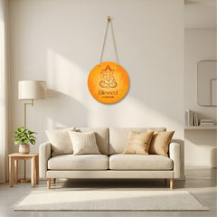Smaran Lord Ganesha Round Wooden Wall Hanging Decor | Blessed HOME Orange Spiritual Plaque | 9x17 Inch Traditional Indian Sign for Home Temple Puja Room Entrance & Gift