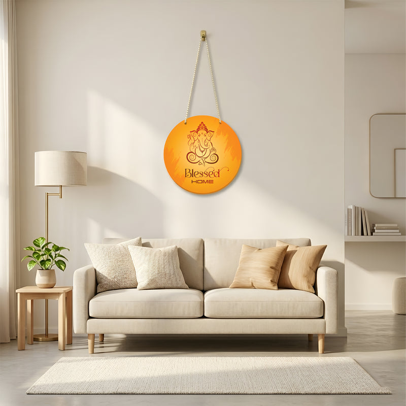 Smaran Lord Ganesha Round Wooden Wall Hanging Decor | Blessed HOME Orange Spiritual Plaque | 9x17 Inch Traditional Indian Sign for Home Temple Puja Room Entrance & Gift