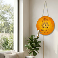 Smaran Lord Ganesha Round Wooden Wall Hanging Decor | Blessed HOME Orange Spiritual Plaque | 9x17 Inch Traditional Indian Sign for Home Temple Puja Room Entrance & Gift