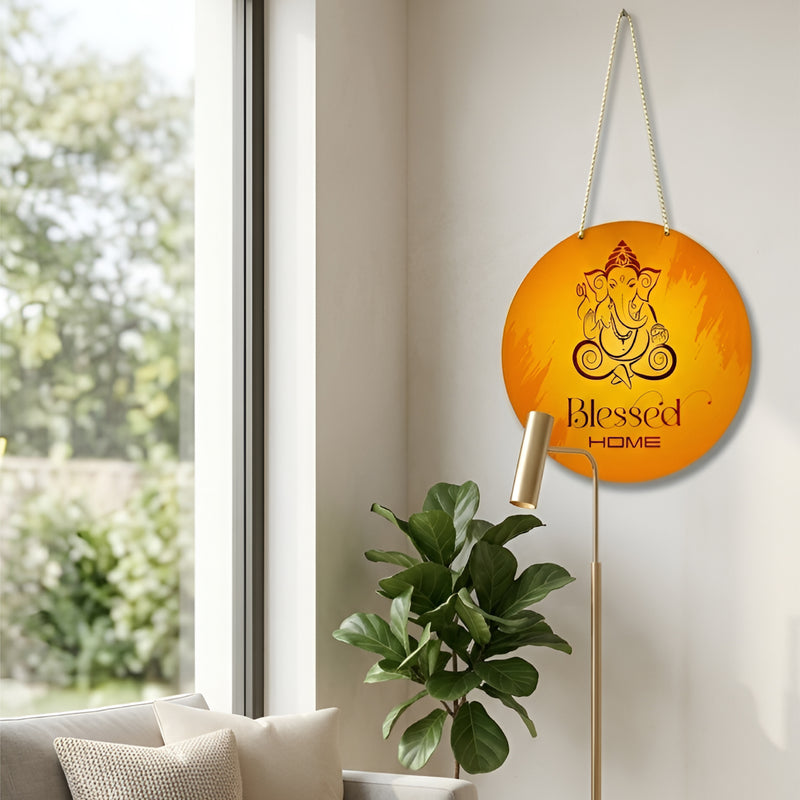 Smaran Lord Ganesha Round Wooden Wall Hanging Decor | Blessed HOME Orange Spiritual Plaque | 9x17 Inch Traditional Indian Sign for Home Temple Puja Room Entrance & Gift