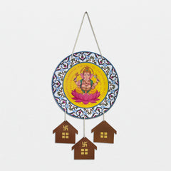 Smaran Ganesha Lotus Wooden Wall Hanging Decor | Round Deity Plaque with House Pendants | 12x25 Inch Spiritual Sign for Home Temple Puja Room & Gift