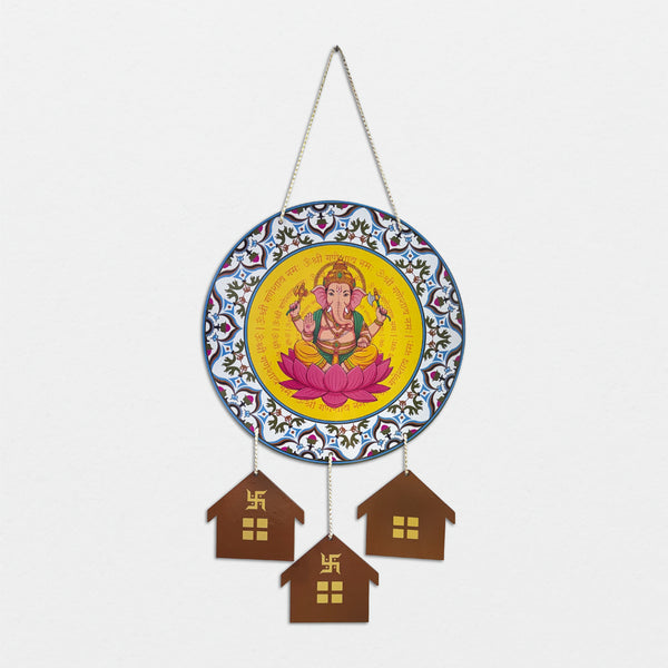 Smaran Ganesha Lotus Wooden Wall Hanging Decor | Round Deity Plaque with House Pendants | 12x25 Inch Spiritual Sign for Home Temple Puja Room & Gift