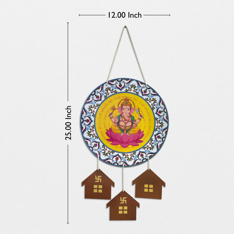 Smaran Ganesha Lotus Wooden Wall Hanging Decor | Round Deity Plaque with House Pendants | 12x25 Inch Spiritual Sign for Home Temple Puja Room & Gift