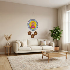Smaran Ganesha Lotus Wooden Wall Hanging Decor | Round Deity Plaque with House Pendants | 12x25 Inch Spiritual Sign for Home Temple Puja Room & Gift