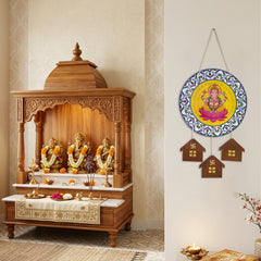 Smaran Ganesha Lotus Wooden Wall Hanging Decor | Round Deity Plaque with House Pendants | 12x25 Inch Spiritual Sign for Home Temple Puja Room & Gift