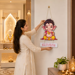 Smaran Ganesha Shlok Wooden Wall Hanging Decor | Cartoon Deity Plaque with Red Hindi Mantra | 12x25 Inch Spiritual Sign for Home Temple Puja Room & Gift