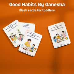 Flash cards for toddlers titled 'Good Habits By Ganesha' on an orange background