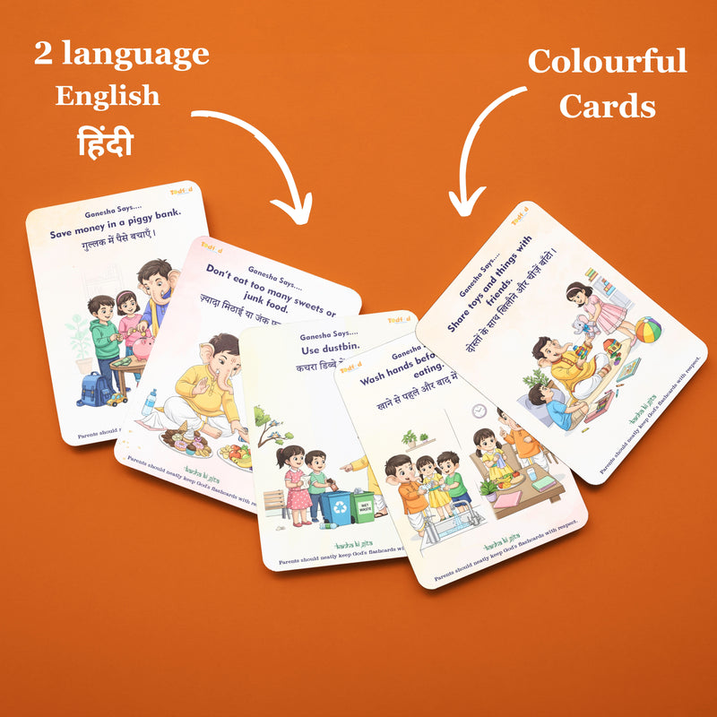 Set of educational cards with English and Hindi text on an orange background