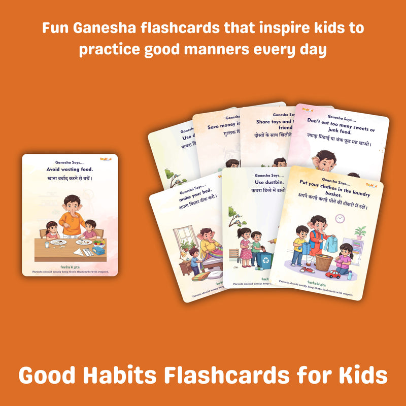 Set of Good Habits Flashcards for Kids on an orange background