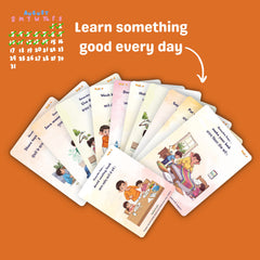 Educational cards with illustrations and text on an orange background with a calendar.