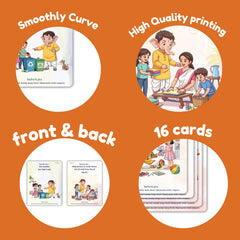 Promotional graphic for educational cards with children's illustrations on an orange background.