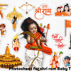 Child in Shri Ram costume surrounded by illustrations and text related to Shri Ram theme.