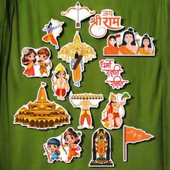 Set of colorful stickers with religious figures and symbols on a green background