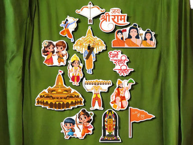 Set of colorful stickers with religious figures and symbols on a green background