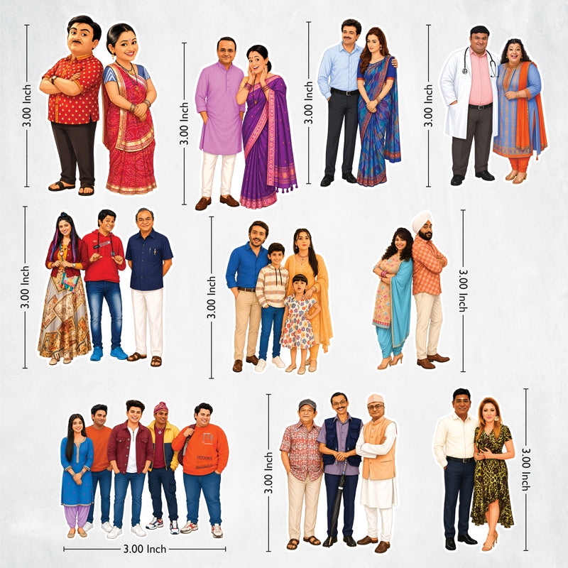 TodFod Gokuldham Society Members Fridge Magnet Set of 6 | 3 Inch TMKOC Cartoon Family Characters MDF Wood Magnets