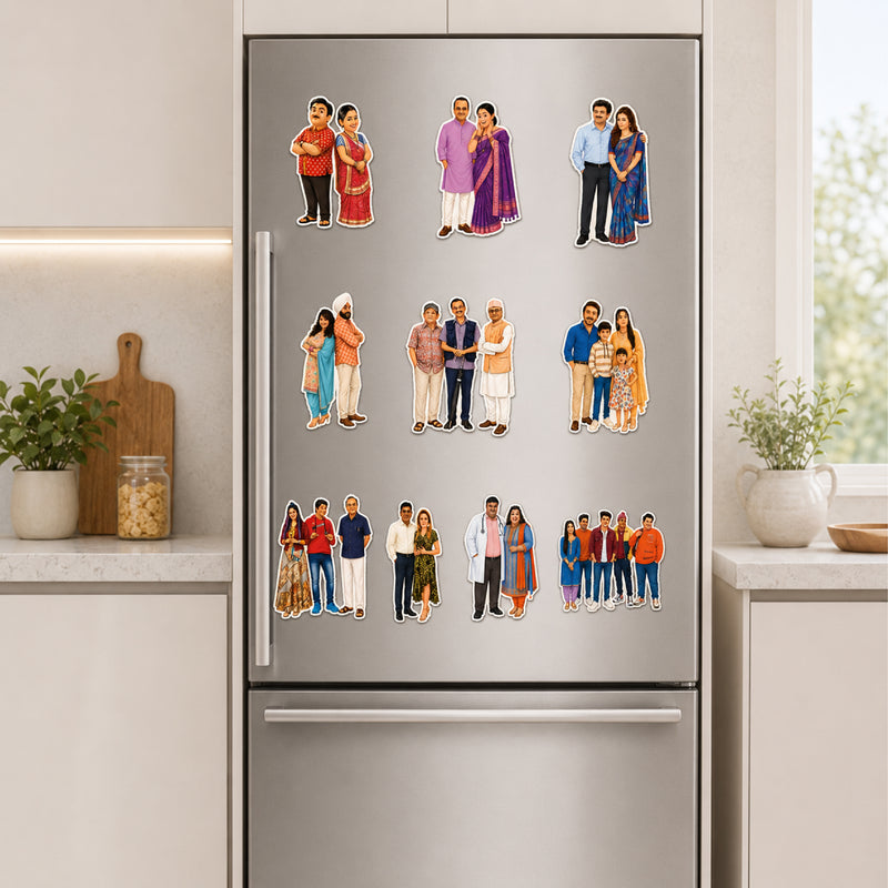 TodFod Gokuldham Society Members Fridge Magnet Set of 6 | 3 Inch TMKOC Cartoon Family Characters MDF Wood Magnets