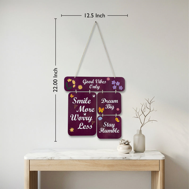 Smaran Good Vibes Only Wooden Wall Hanging Decor | Purple Motivational Quote Plaque | 12.5x22 Inch Rustic Sign for Living Room Bedroom Office & Gift