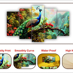 Todfod Peacock Jungle Wall Decor Set of 5 | 18x30.79 Inch MDF Wood Nature Art Plaques for Living Room