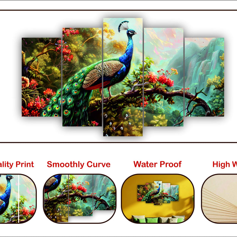 Todfod Peacock Jungle Wall Decor Set of 5 | 18x30.79 Inch MDF Wood Nature Art Plaques for Living Room