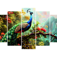 Todfod Peacock Jungle Wall Decor Set of 5 | 18x30.79 Inch MDF Wood Nature Art Plaques for Living Room