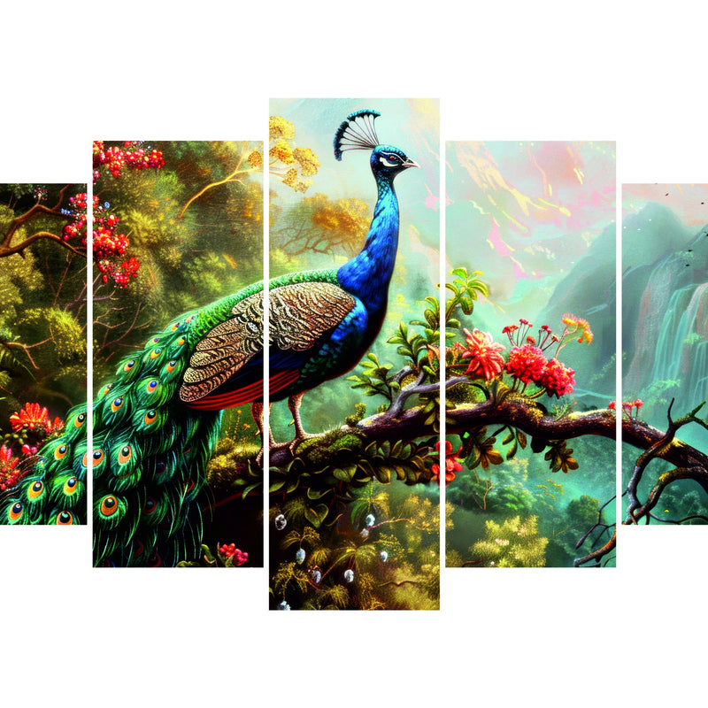 Todfod Peacock Jungle Wall Decor Set of 5 | 18x30.79 Inch MDF Wood Nature Art Plaques for Living Room