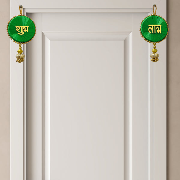 Smaran Cultural Shubh Labh Latkan | Handmade Traditional Decorative Hanging with Green & Gold Beads for Main Door, Wall, Pooja Room, Mandir, Festivals, Weddings