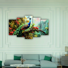 Todfod Peacock Jungle Wall Decor Set of 5 | 18x30.79 Inch MDF Wood Nature Art Plaques for Living Room