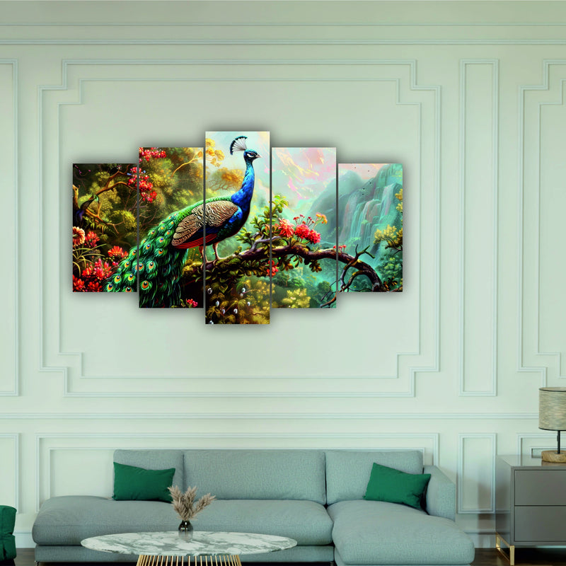 Todfod Peacock Jungle Wall Decor Set of 5 | 18x30.79 Inch MDF Wood Nature Art Plaques for Living Room