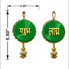 Green earrings with gold accents and text, shown with measurements on a white background.