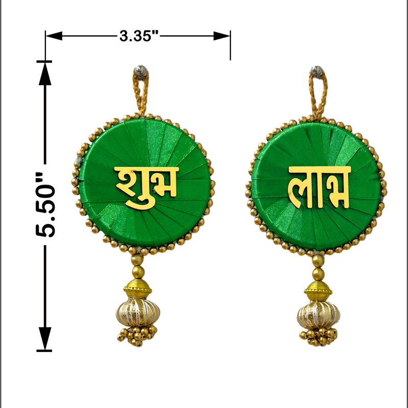 Green earrings with gold accents and text, shown with measurements on a white background.
