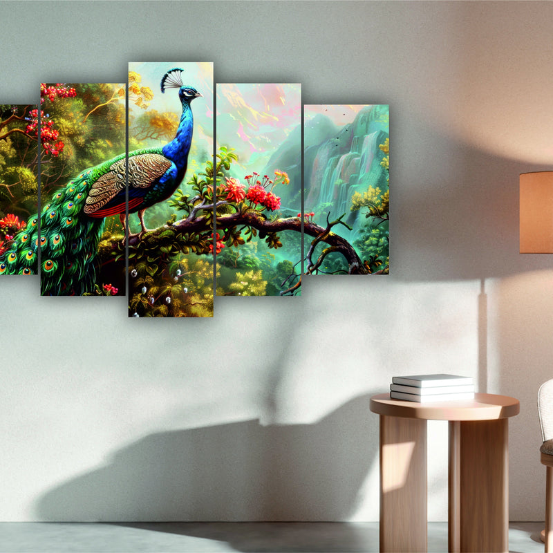 Todfod Peacock Jungle Wall Decor Set of 5 | 18x30.79 Inch MDF Wood Nature Art Plaques for Living Room
