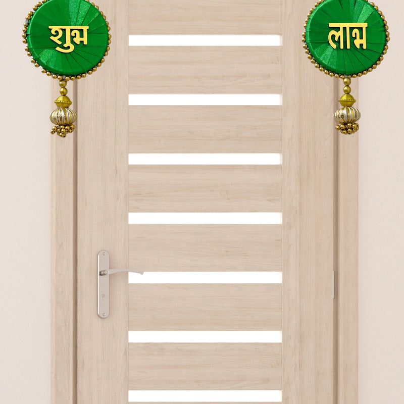 Wooden door with green decorative elements on a white background