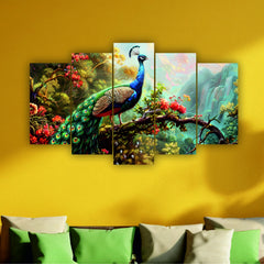 Todfod Peacock Jungle Wall Decor Set of 5 | 18x30.79 Inch MDF Wood Nature Art Plaques for Living Room
