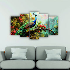 Todfod Peacock Jungle Wall Decor Set of 5 | 18x30.79 Inch MDF Wood Nature Art Plaques for Living Room