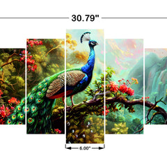 Todfod Peacock Jungle Wall Decor Set of 5 | 18x30.79 Inch MDF Wood Nature Art Plaques for Living Room
